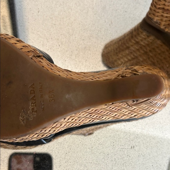 Prada Black and Tan Bamboo Woven Wedge Sandals - Picture 9 of 11